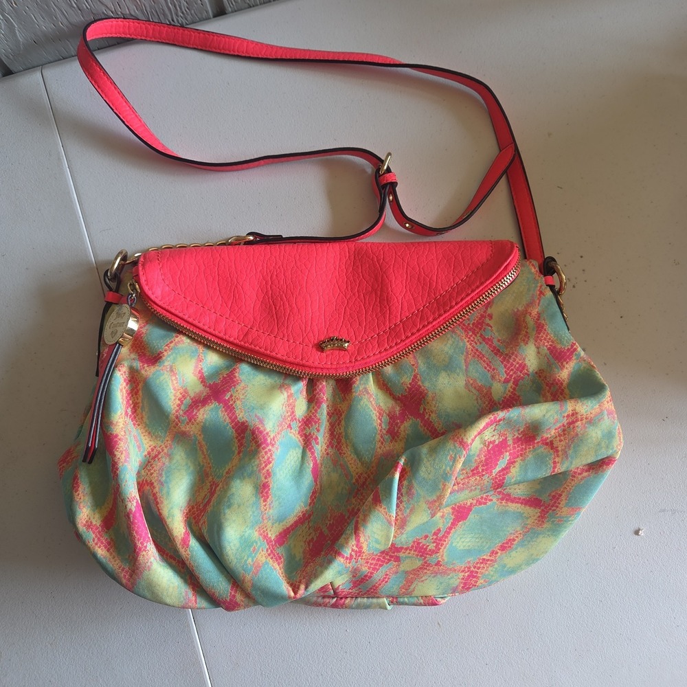 Juicy Couture Large Shoulder Bag Purse Adjustable Strap Neon Pink Lime Floral